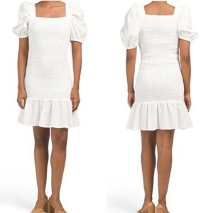 Rachel Parcell Smocked Puff-Sleeve Mini Dress, Ivory, Size S NWT